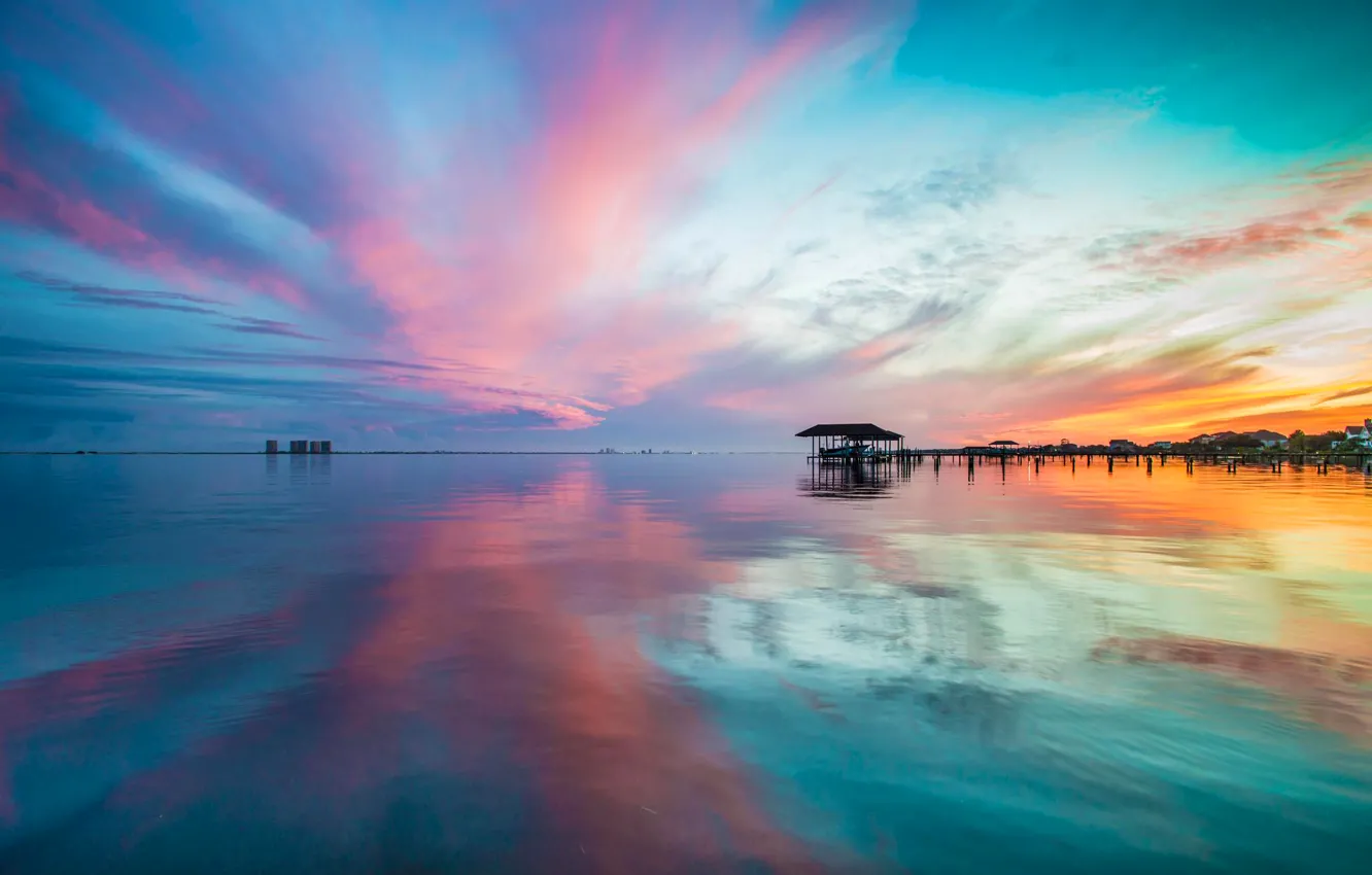 Photo wallpaper sea, the sky, clouds, sunset, nature, reflection, shore, home