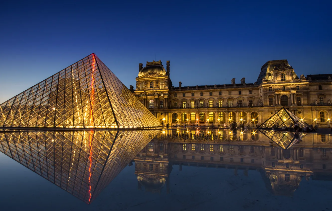 Photo wallpaper light, night, reflection, Paris, The Louvre, pyramid