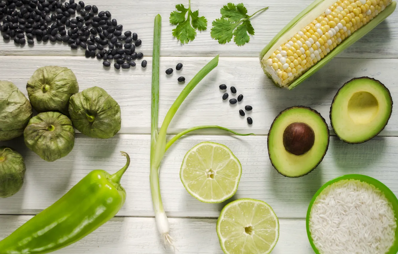 Photo wallpaper green, corn, bow, lime, pepper, figure, avocado, lentils