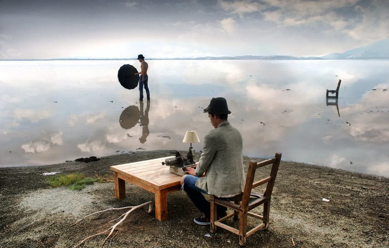 Photo wallpaper river, table, the situation, chair