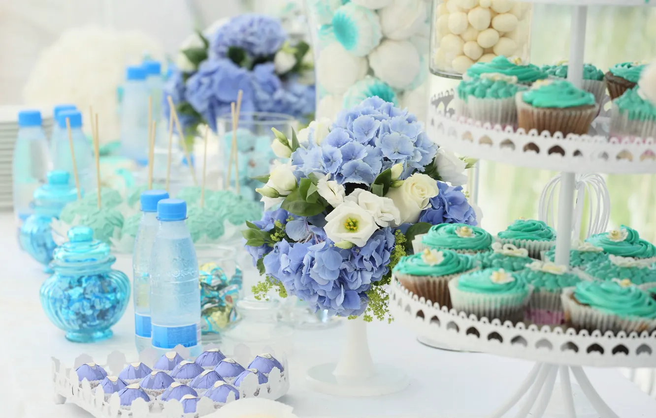 Photo wallpaper flowers, holiday, candy, sweet, cupcakes, marshmallows