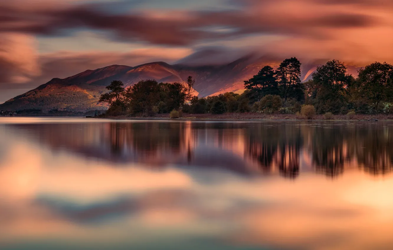 Photo wallpaper the sky, clouds, mountains, reflection, UK