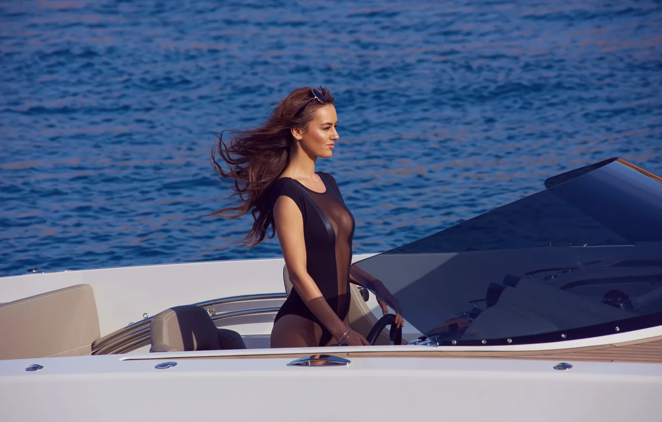 Photo wallpaper sea, water, girl, the wind, yacht, beautiful, Veronika Klimovits