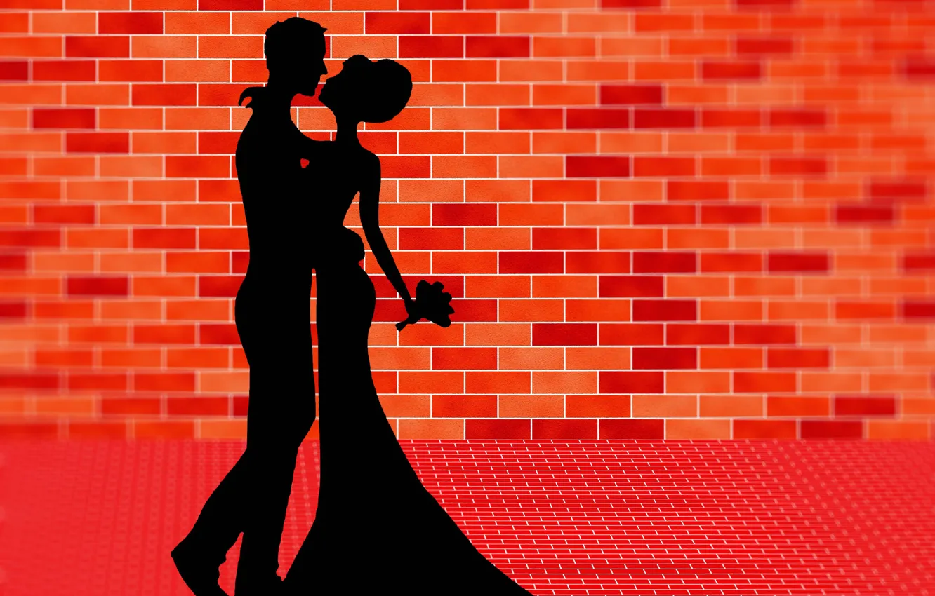 Photo wallpaper dance, bouquet, lovers, silhouettes, brick wall, vector graphics