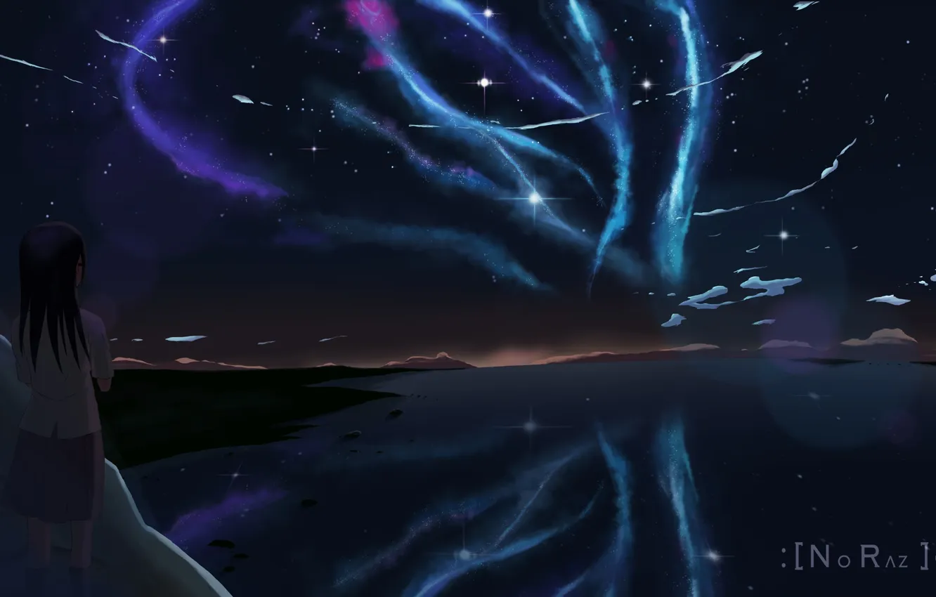 Photo wallpaper the sky, girl, stars, clouds, night, nature, Northern lights, anime