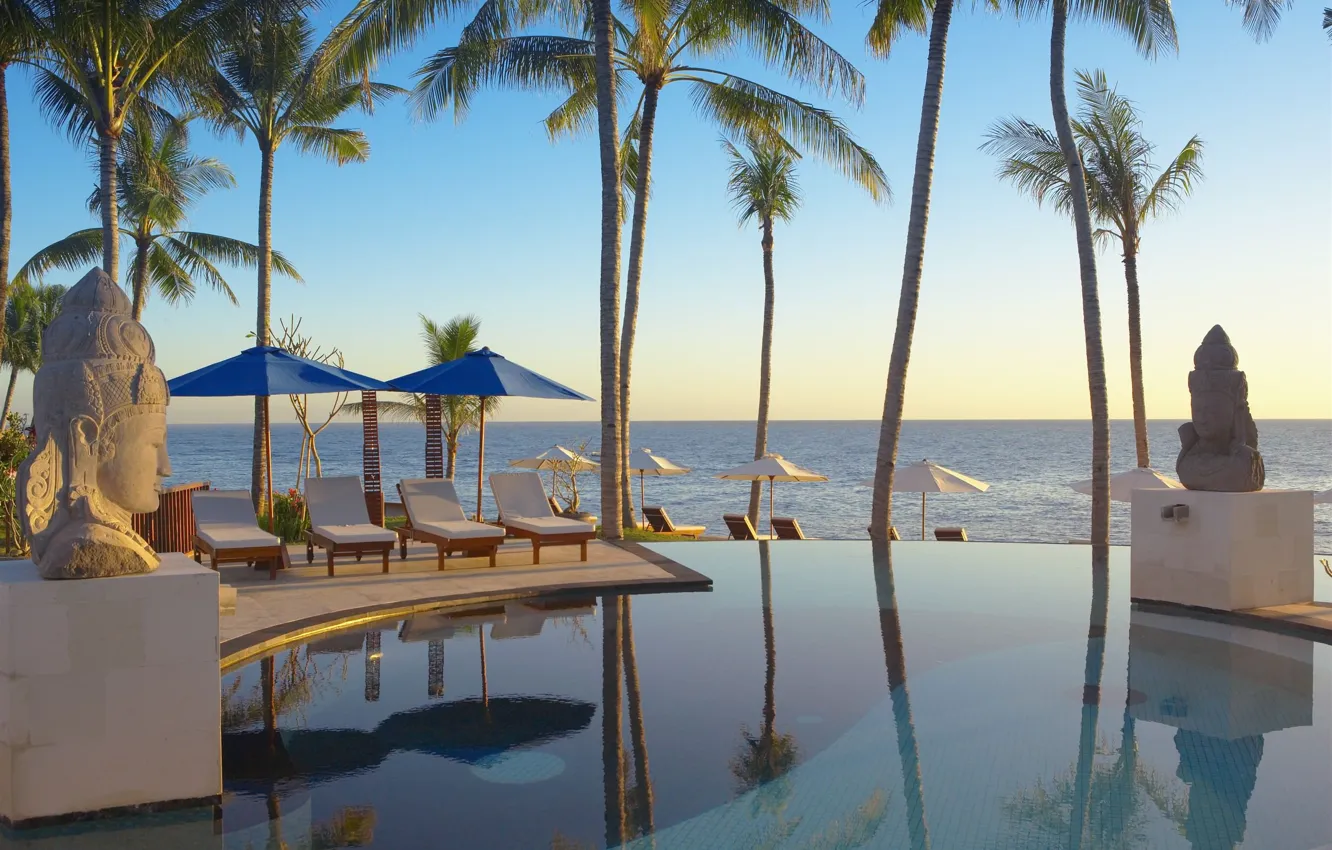 Photo wallpaper sea, beach, palm trees, stay, pool, Bali, the hotel, statues