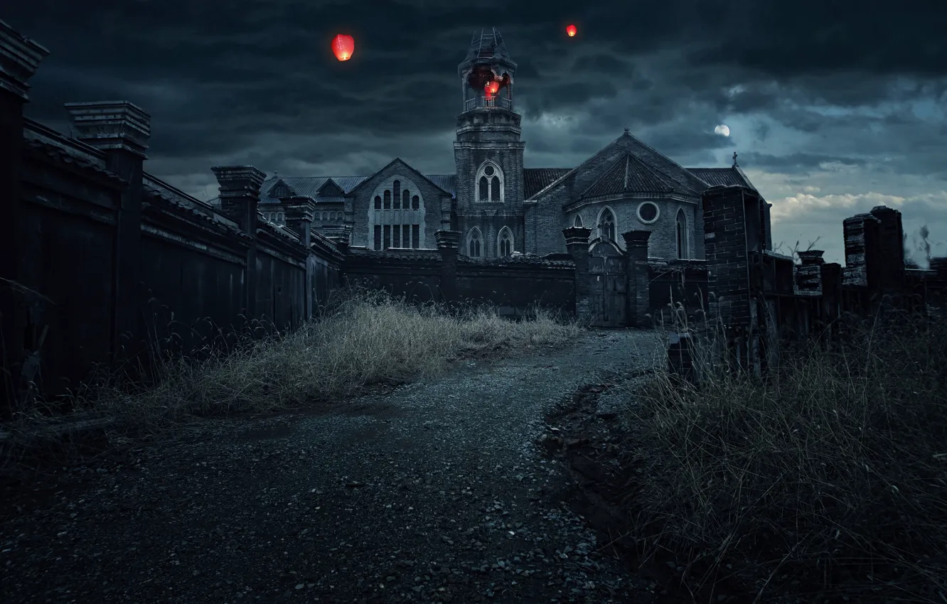 Photo wallpaper girl, night, flashlight, the monastery