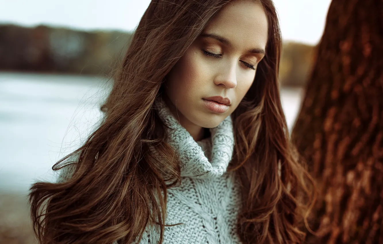 Photo wallpaper girl, face, mood, hair, portrait, sweater, closed eyes
