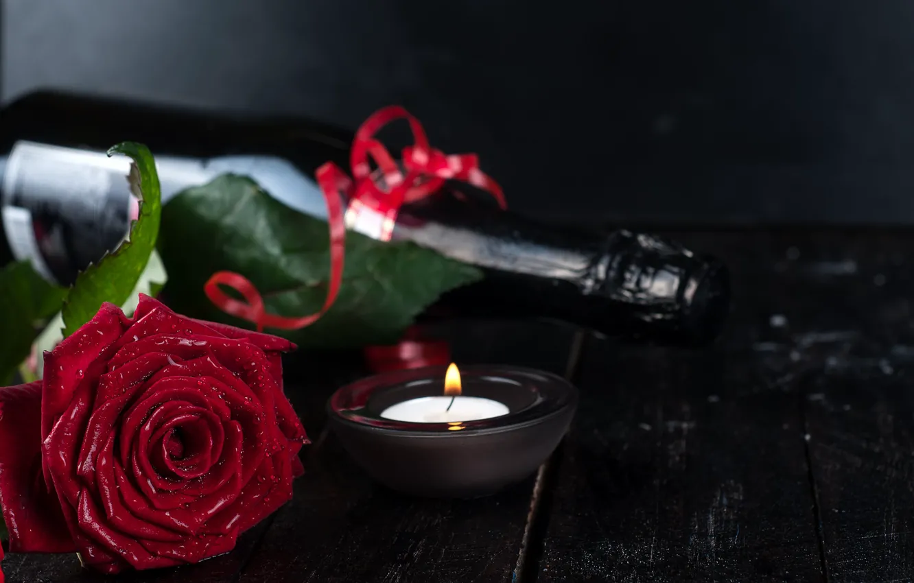 Photo wallpaper flower, water, drops, holiday, Board, rose, bottle, candle