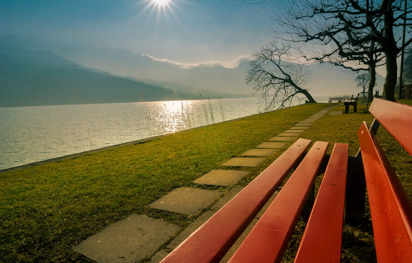 Photo wallpaper the sun, mountains, Park, Switzerland, bench, Lake Lucerne, Lake Lucerne