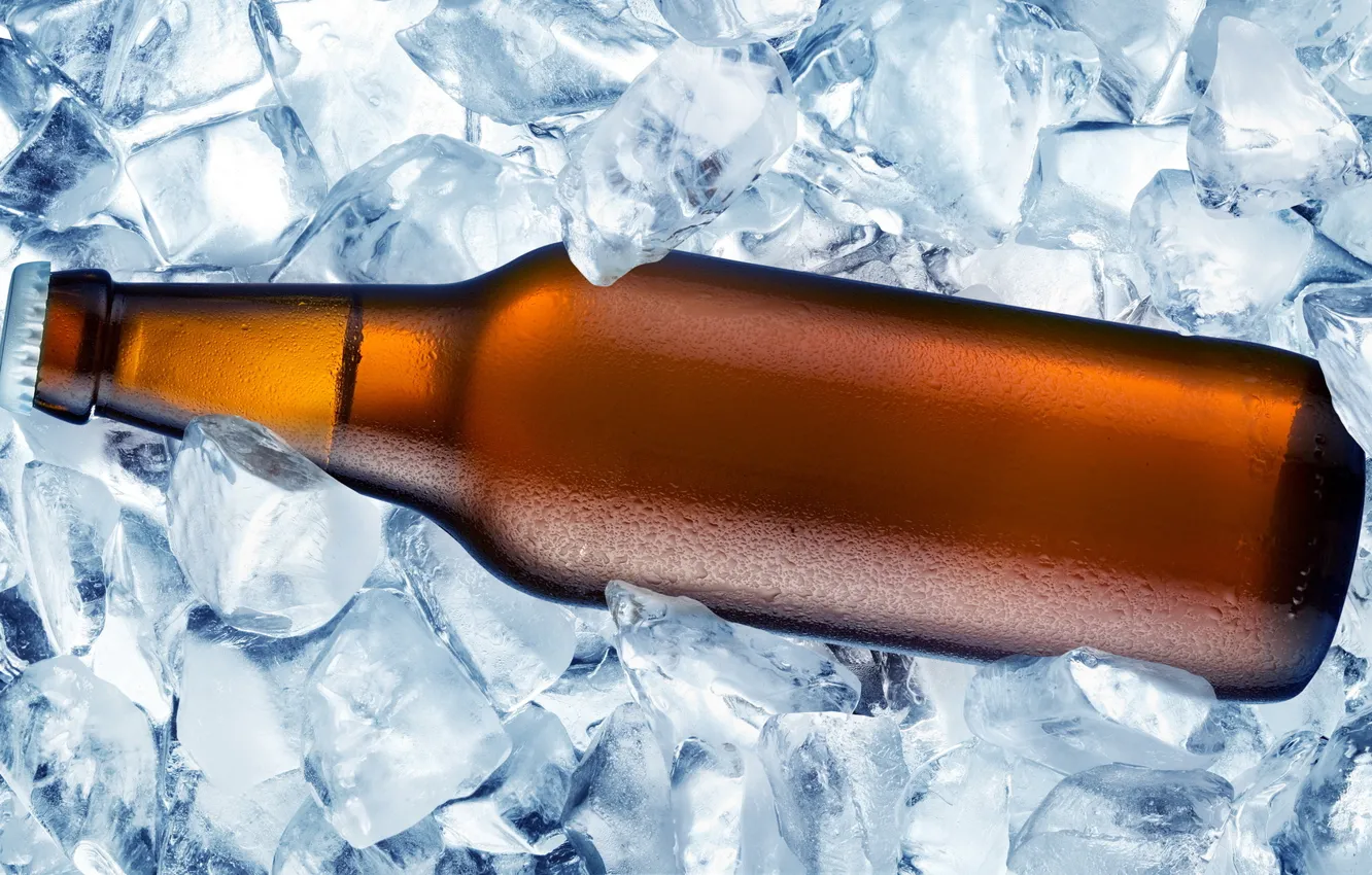 Photo wallpaper ice, glass, drops, macro, background, cubes, bottle, beer