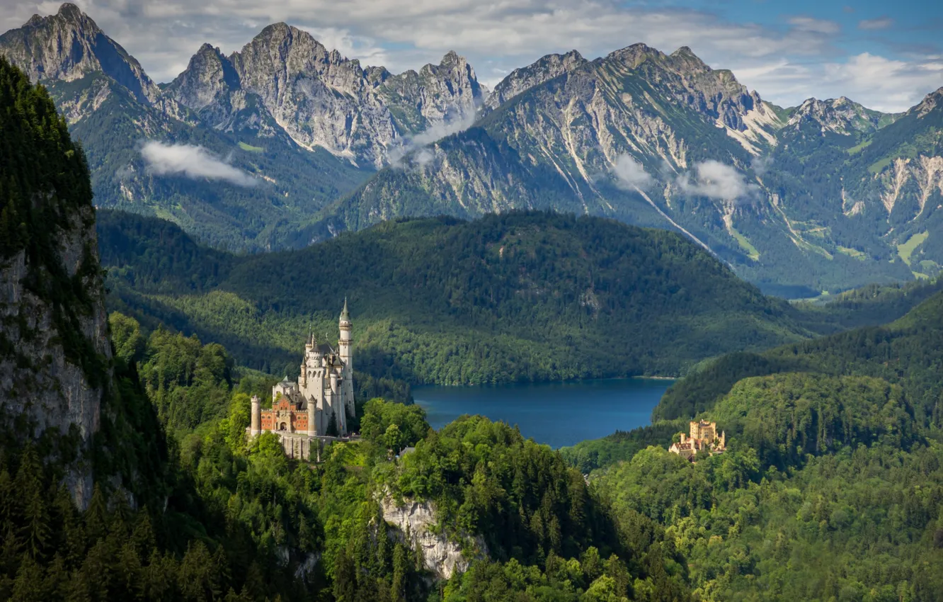 Photo wallpaper landscape, mountains, nature, lake, castle, Germany, Bayern, forest