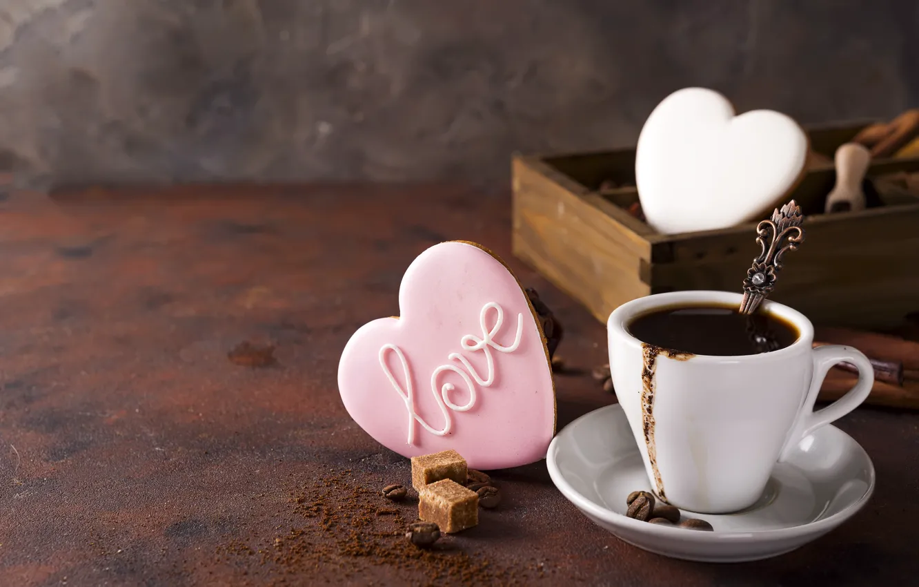 Photo wallpaper coffee, cookies, Cup, hearts, glaze, Myfoodie
