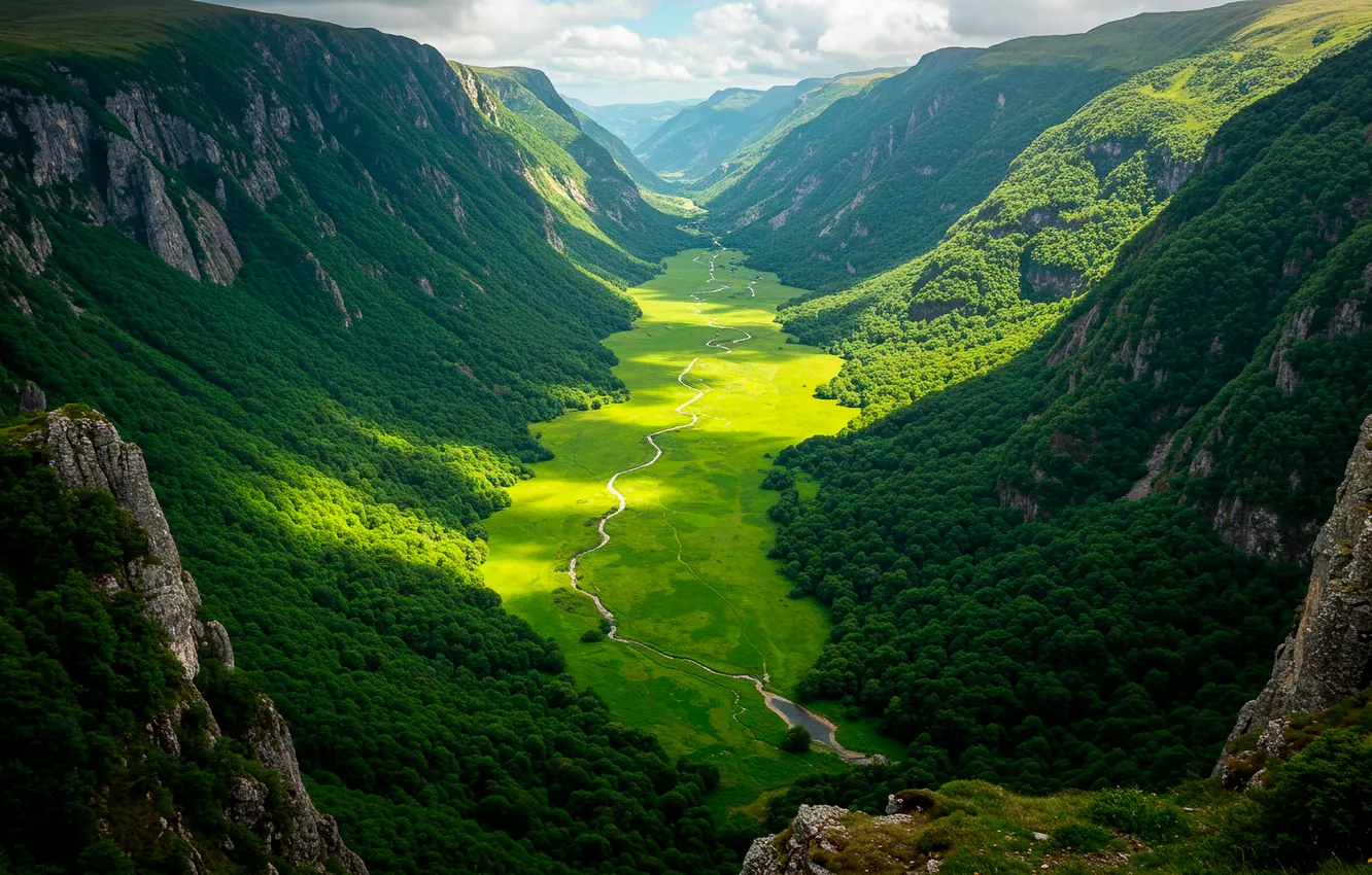 Photo wallpaper the sky, clouds, mountains, nature, river, Wallpaper, vegetation, valley