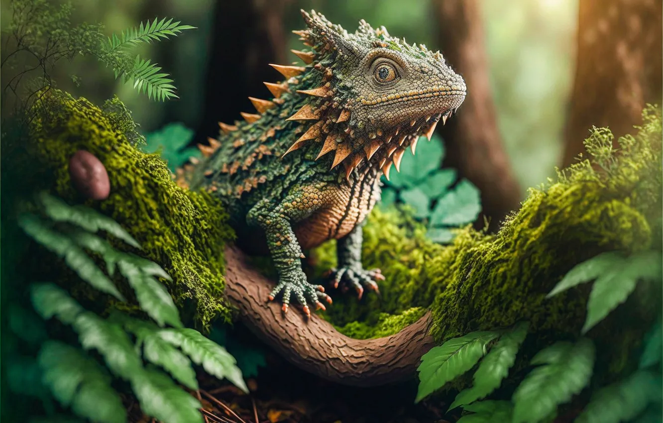 Photo wallpaper forest, leaves, branches, nature, graphics, moss, animal, baby