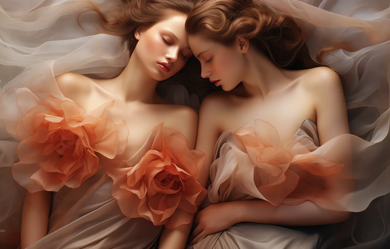 Photo wallpaper girl, light, flowers, style, together, tenderness, sleep, roses