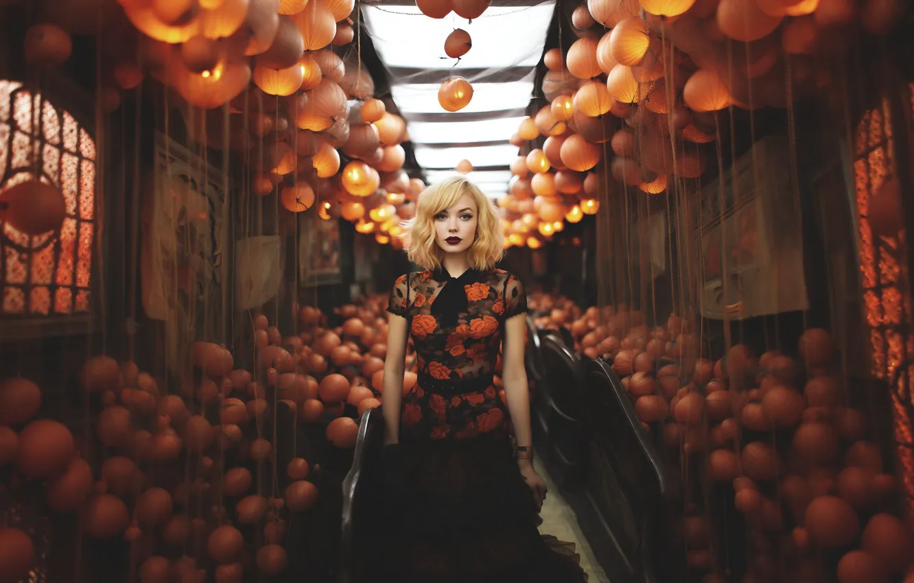 Photo wallpaper look, girl, orange, wall, balls, makeup, blonde, lights