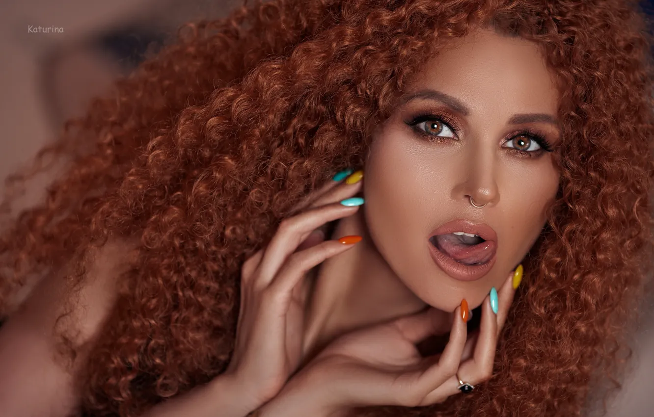 Photo wallpaper look, girl, face, tongue, hands, red, redhead, manicure