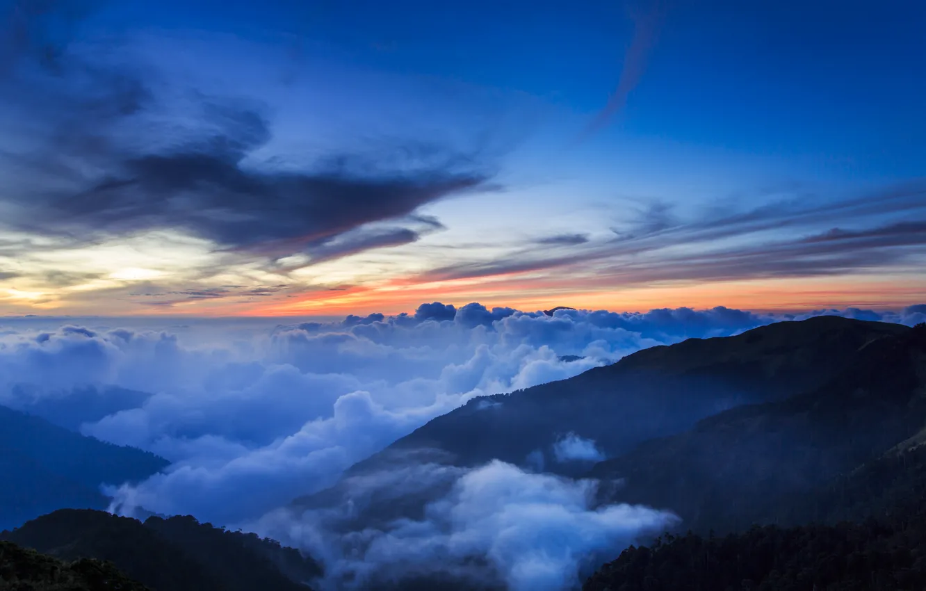 Photo wallpaper the sky, clouds, trees, sunset, mountains, fog, hills, the evening