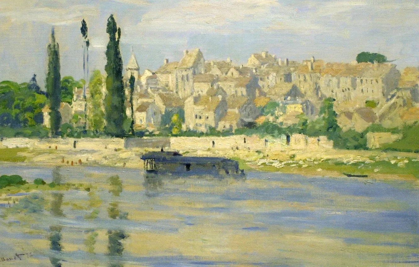 Photo wallpaper landscape, the city, river, home, picture, painting, Claude Monet