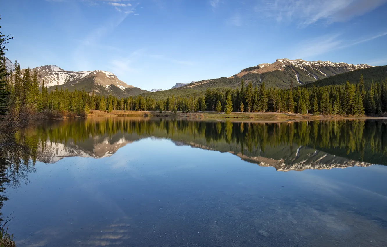 Photo wallpaper forest, mountains, lake, reflection, rocks, the bottom, ate, Canada