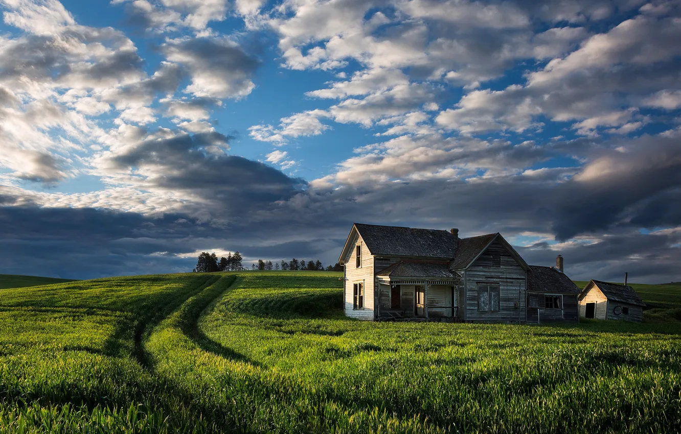 Photo wallpaper road, field, the sky, clouds, home