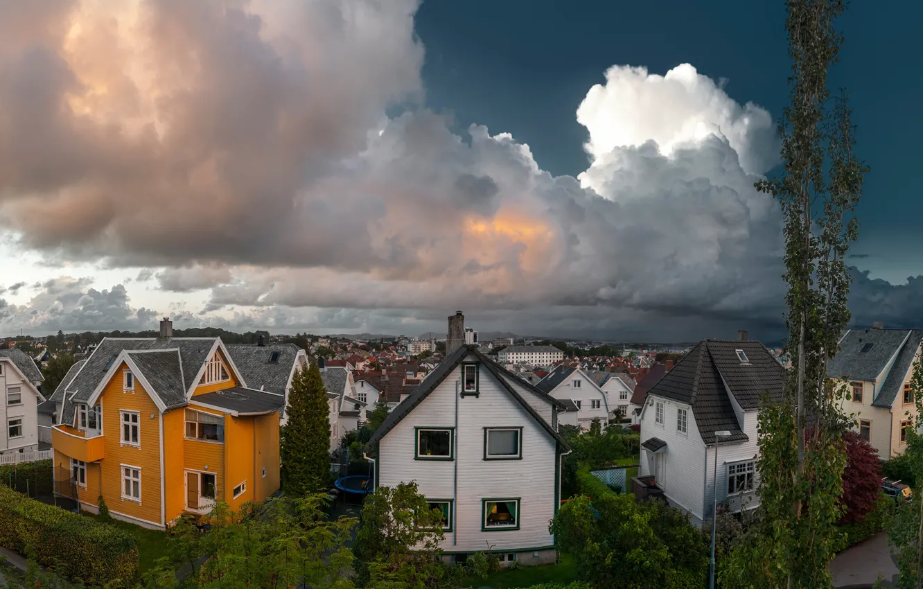 Photo wallpaper clouds, street, home, the evening, Norway, panorama, Rogaland, Stavanger