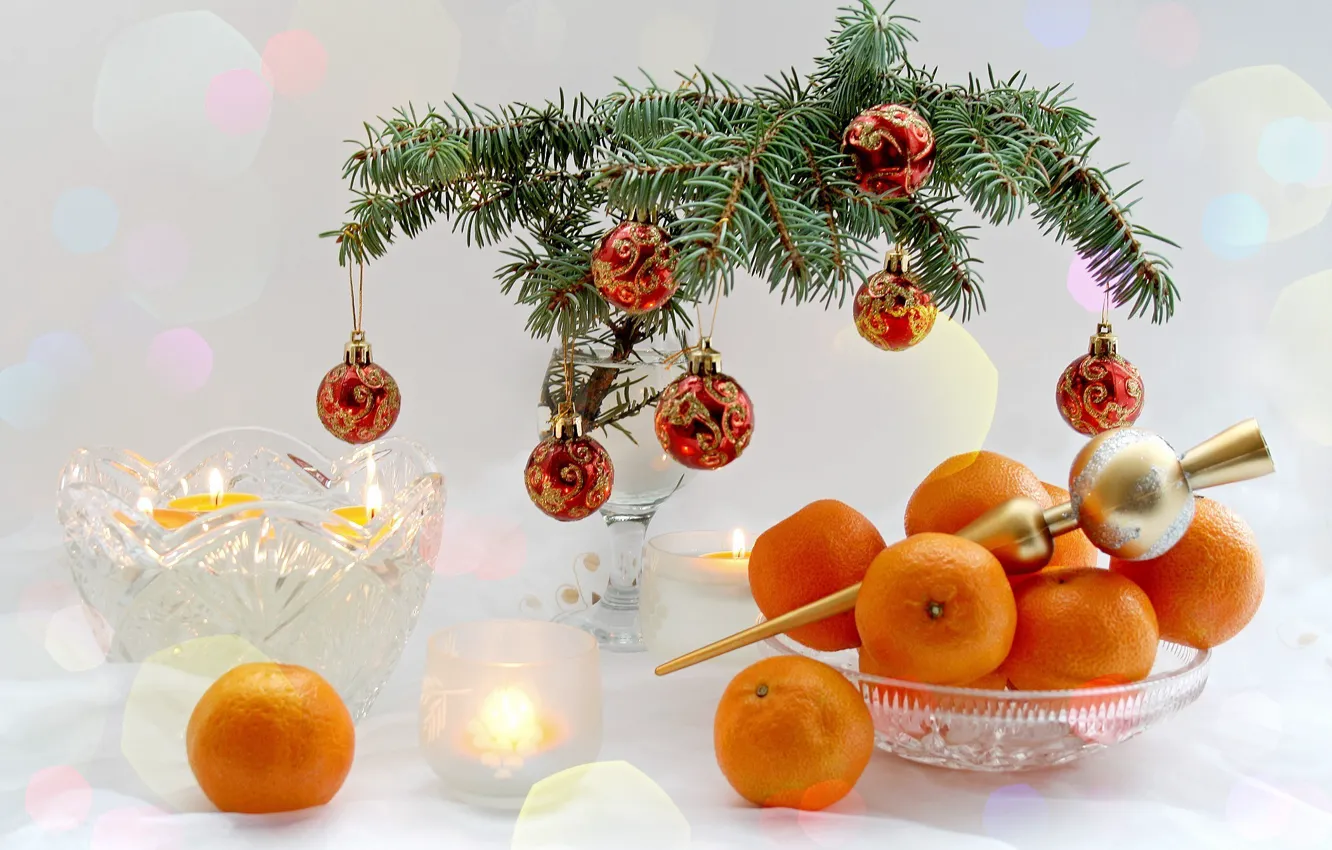 Photo wallpaper branches, table, holiday, tree, new year, dishes, fruit, happy new year