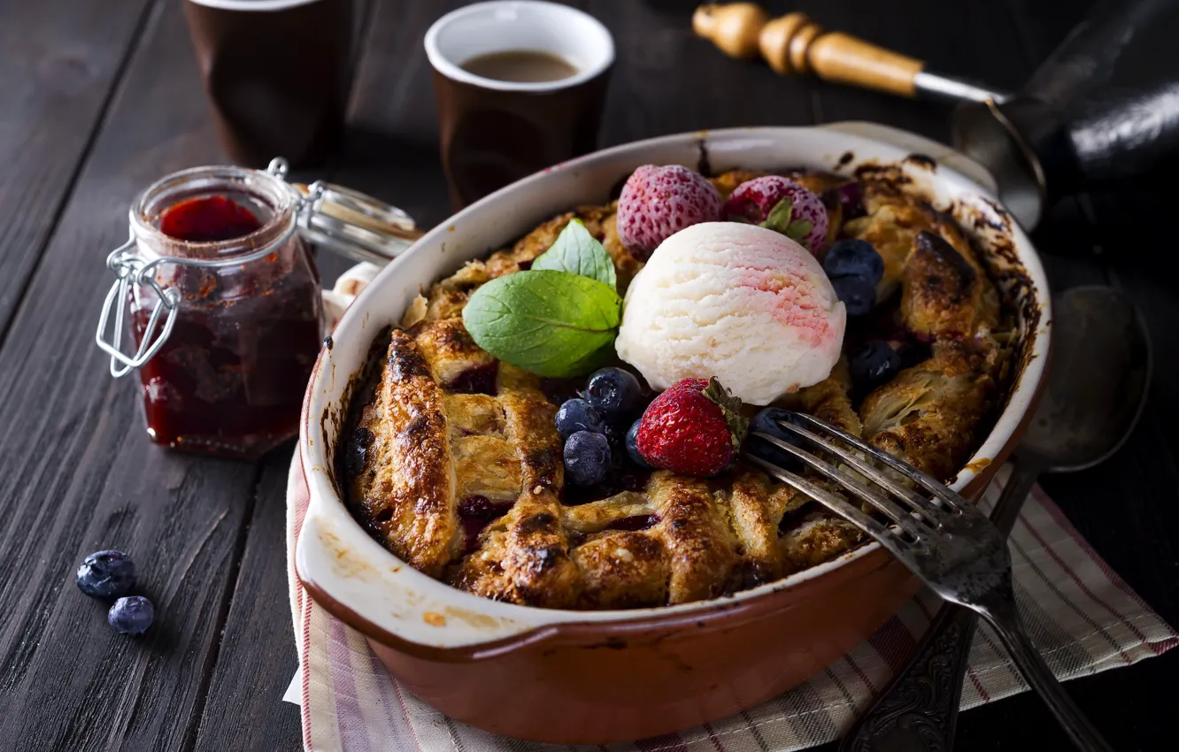 Photo wallpaper berries, strawberry, pie, ice cream, jam