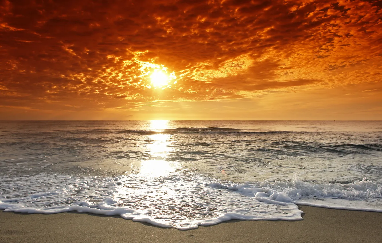 Photo wallpaper sea, wave, beach, the sky, water, the sun, clouds, landscape