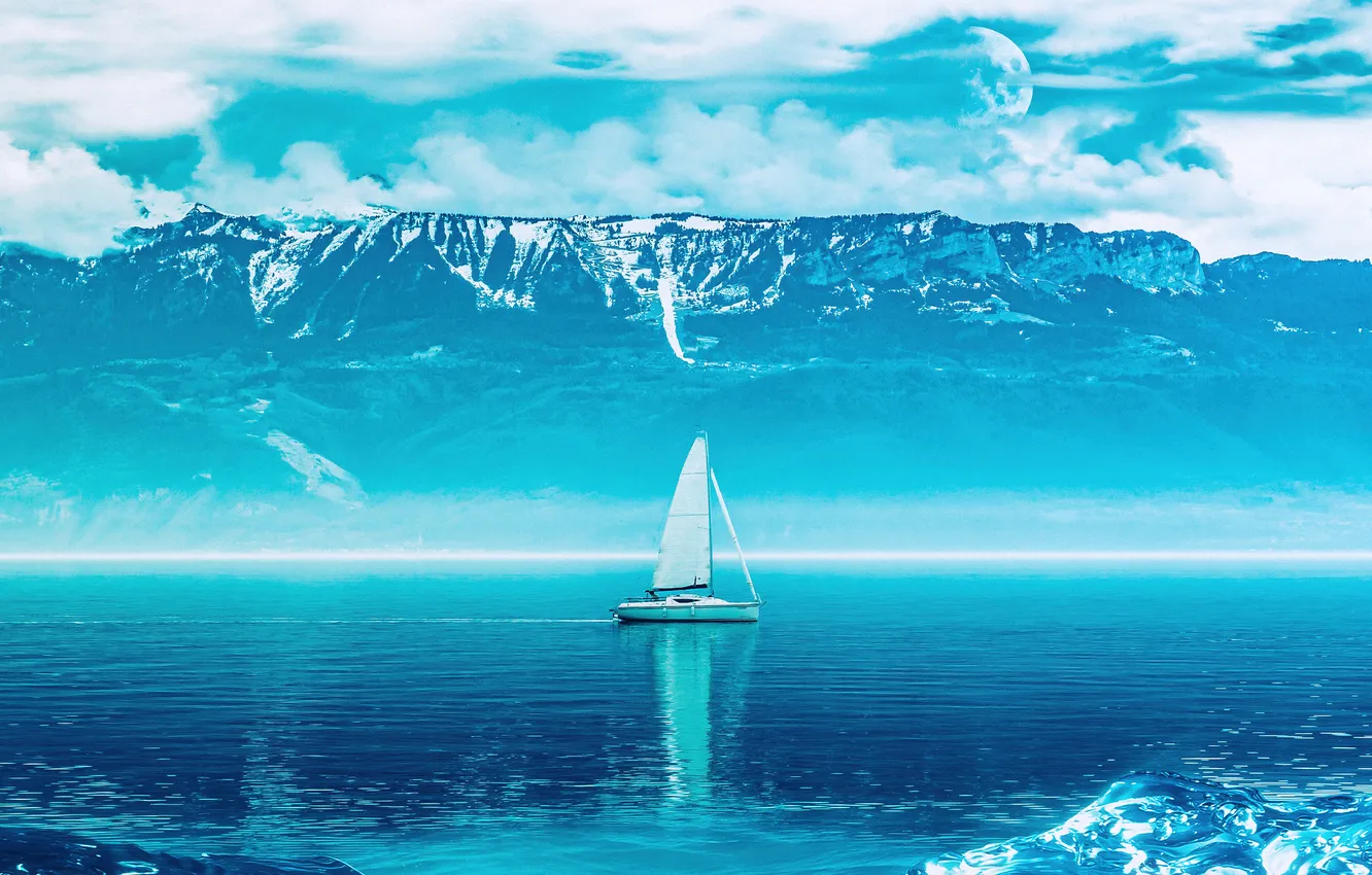 Photo wallpaper ocean, nature, mountains, Sailing boat, Blue aesthetic, Ocean blue