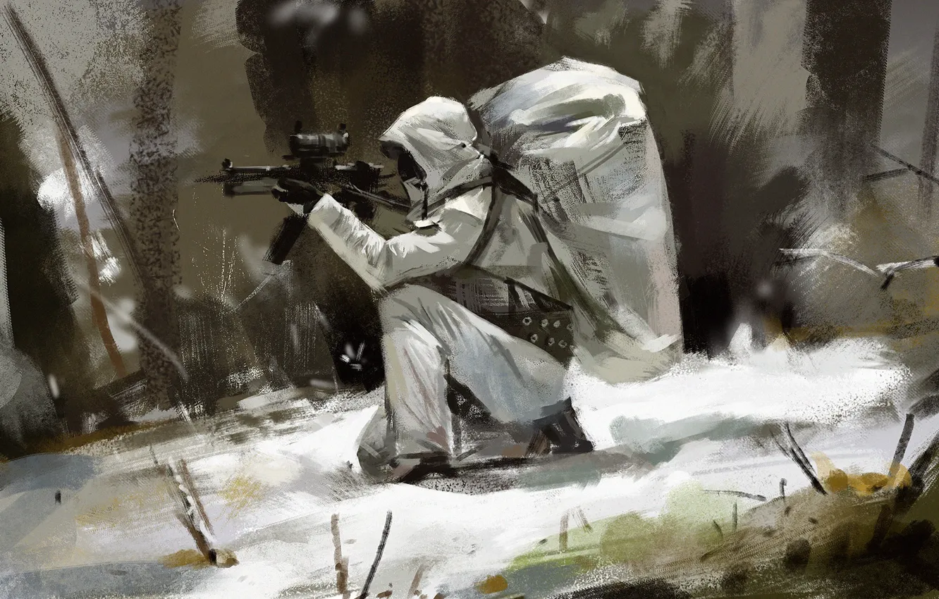 Photo wallpaper winter, snow, soldiers, machine, hood, camouflage