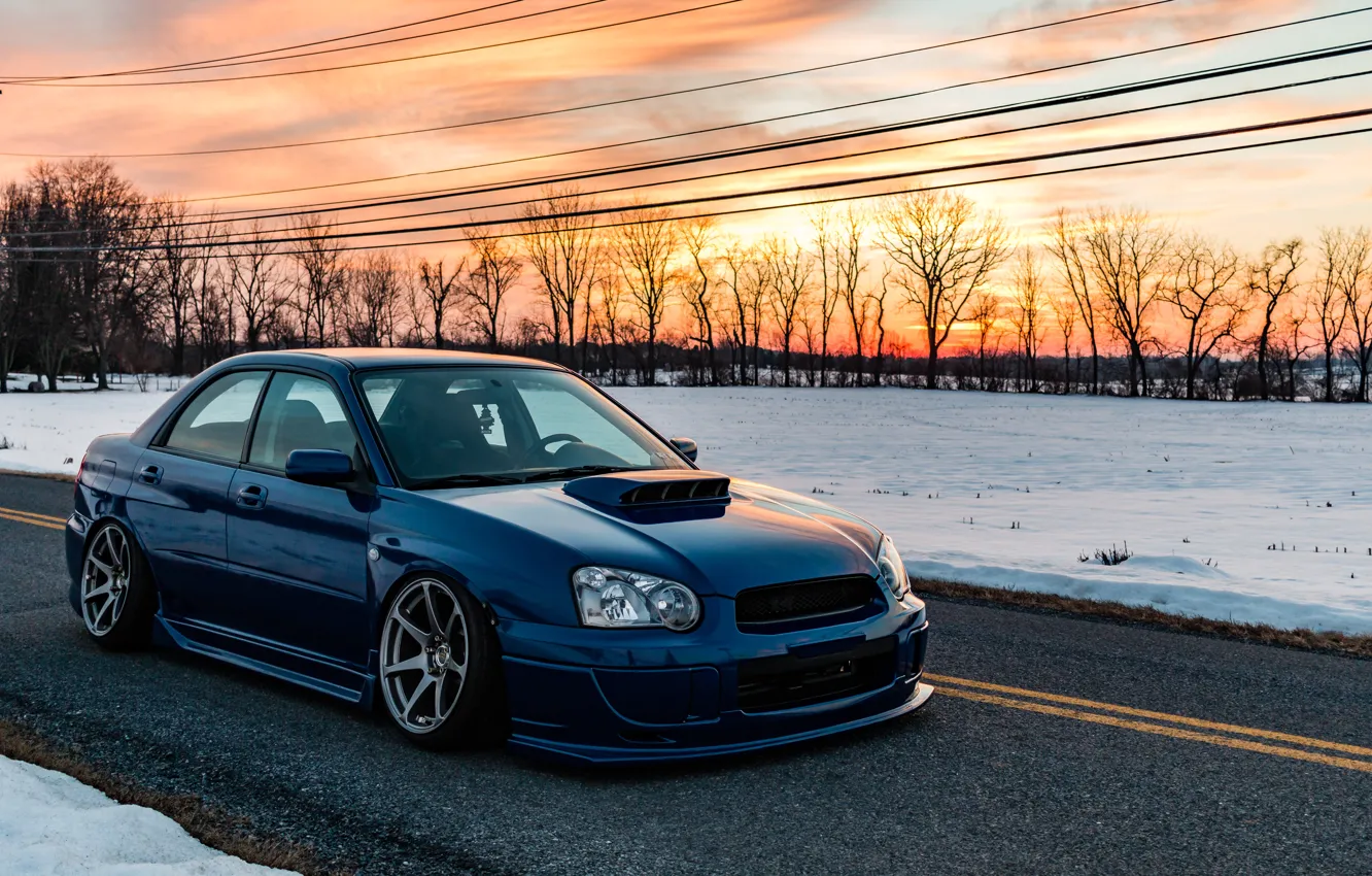 Photo wallpaper Subaru, WRX, road, blue, snow
