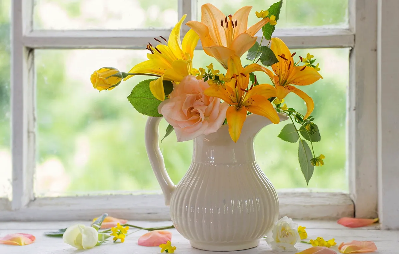 Photo wallpaper flowers, Lily, roses, window, vase