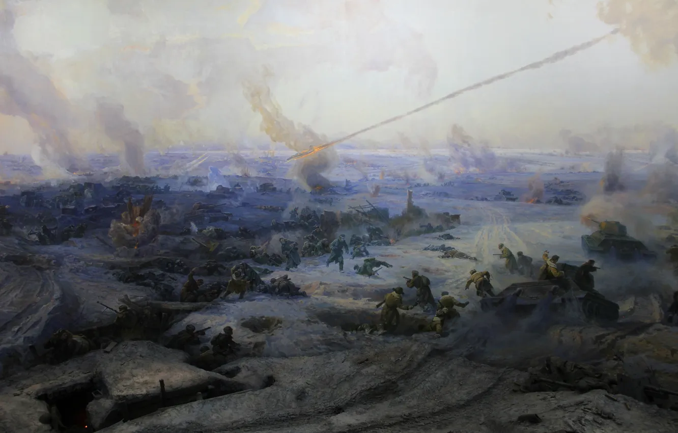 Photo wallpaper Winter, Snow, Aircraft, War, Panorama, Battle, Picture, Soldiers