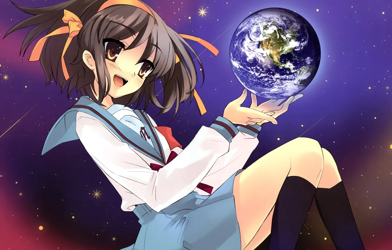 Photo wallpaper girl, earth, planet, anime, art, form, schoolgirl, suzumiya haruhi no yuutsu