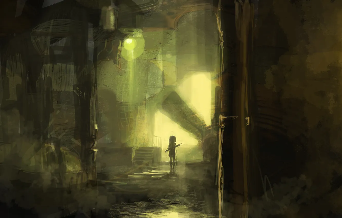 Photo wallpaper girl, weapons, art, lights, ladder, lm7