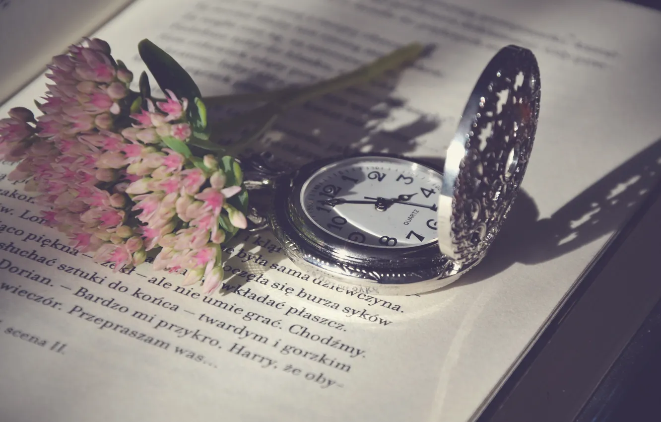 Photo wallpaper flowers, text, letters, watch, book, page
