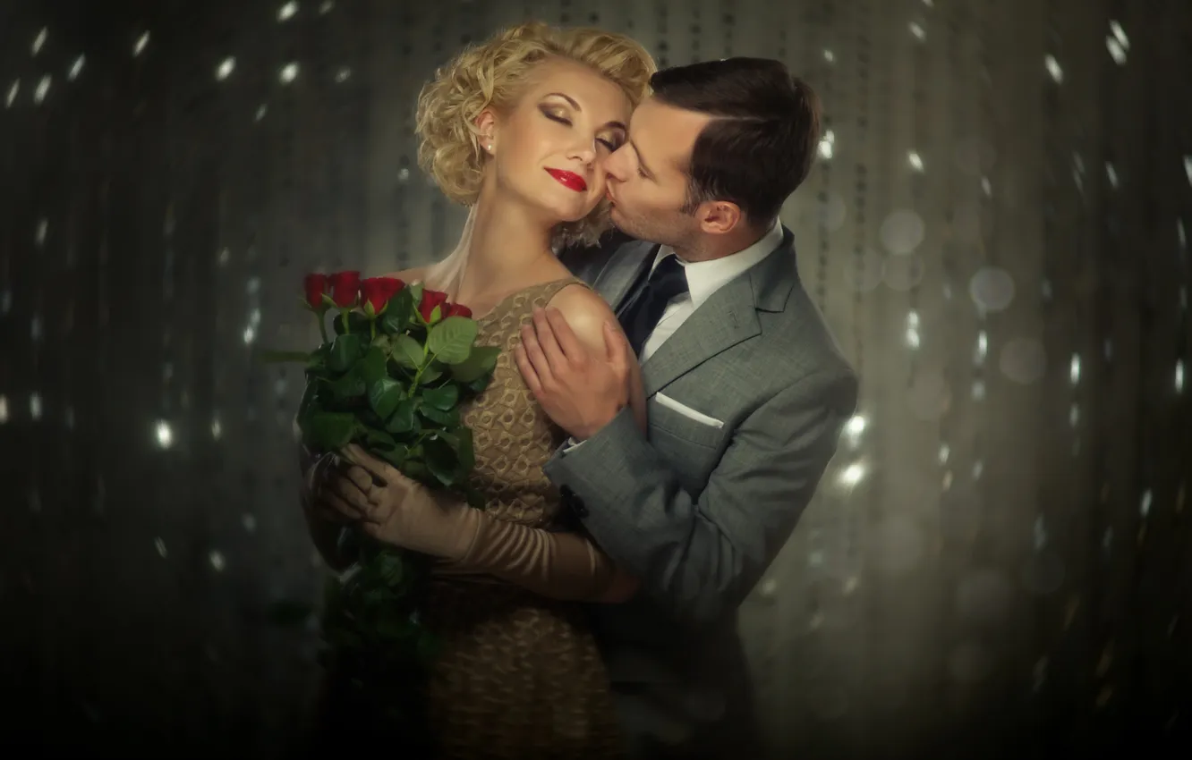 Photo wallpaper girl, flowers, roses, makeup, hairstyle, blonde, guy