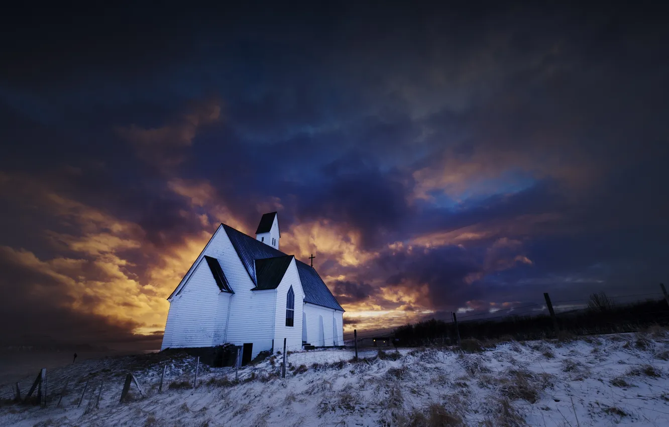 Photo wallpaper Iceland, Firey sunset, Hvalfjordur, The church of hallgrimur