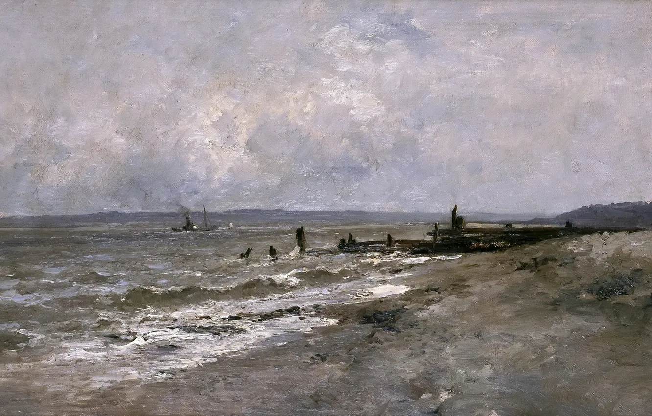 Photo wallpaper ship, picture, pier, seascape, Carlos de Haes, The beach at Villerville