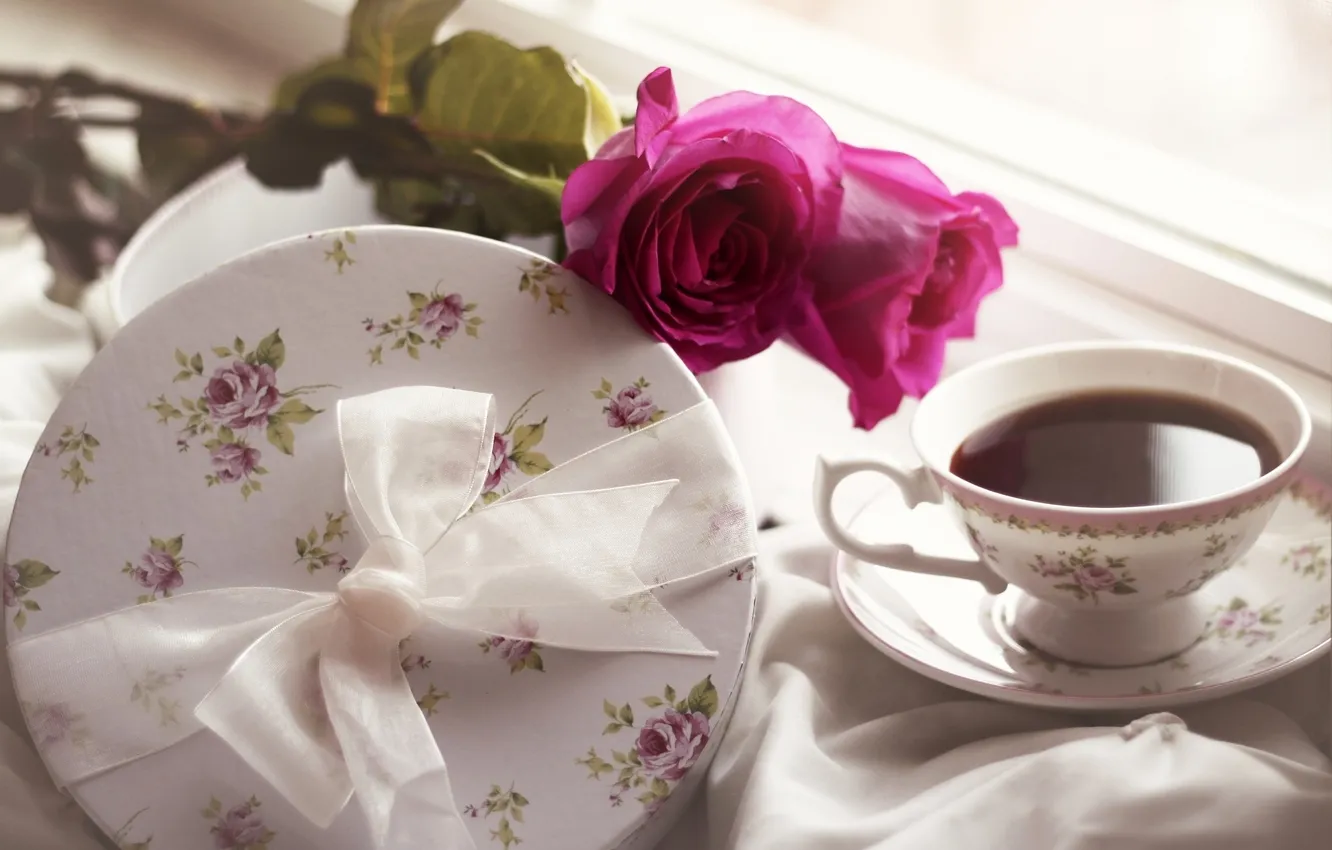 Photo wallpaper box, gift, tea, roses, Cup, bow, saucer
