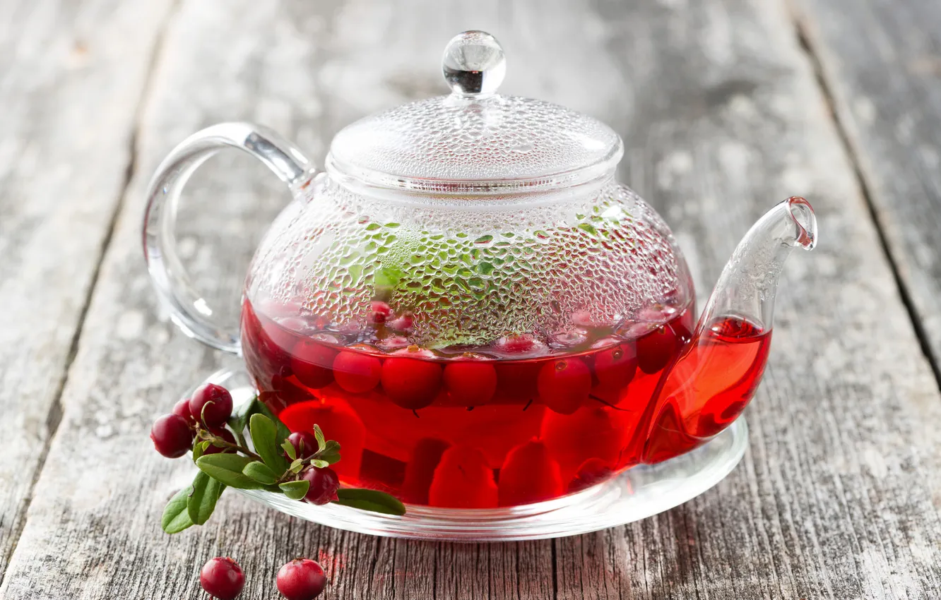 Photo wallpaper tea, kettle, drink, cranberries