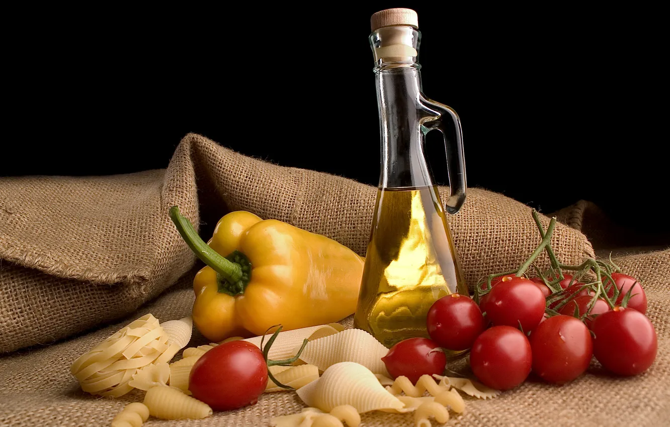 Photo wallpaper bottle, oil, pepper, still life, tomatoes, tomatoes, pasta