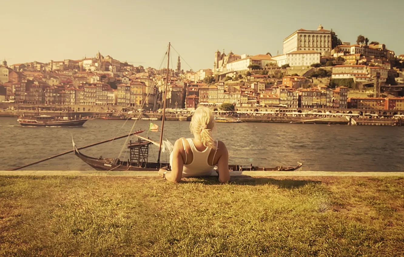Photo wallpaper girl, boats, channel, Portugal, solar, Porto, Vila Nova de Gaia