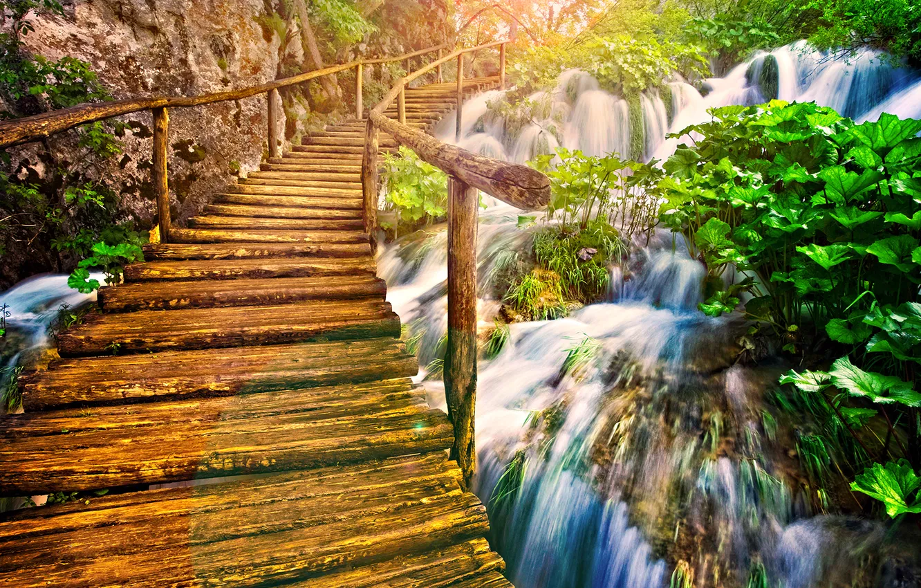 Photo wallpaper water, waterfall, streams, old bridge