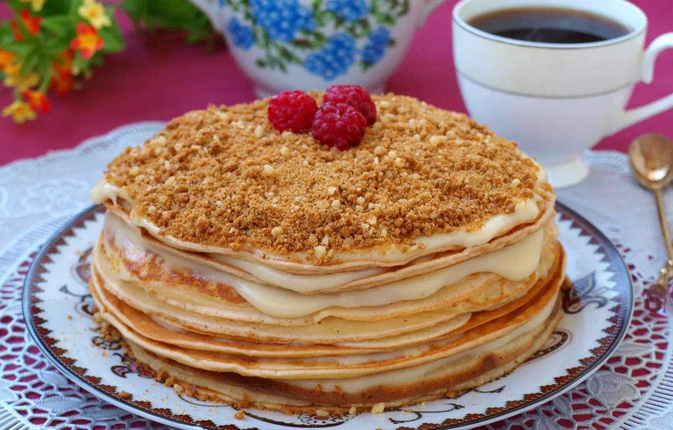 Photo wallpaper raspberry, tea, cake, pancakes