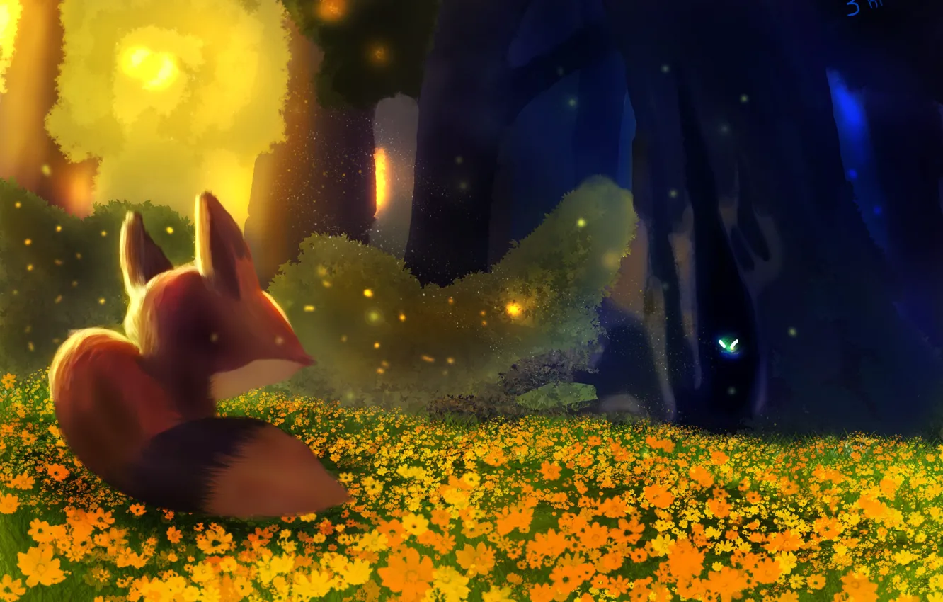 Photo wallpaper forest, flowers, night, butterfly, Fox, by kanatochan