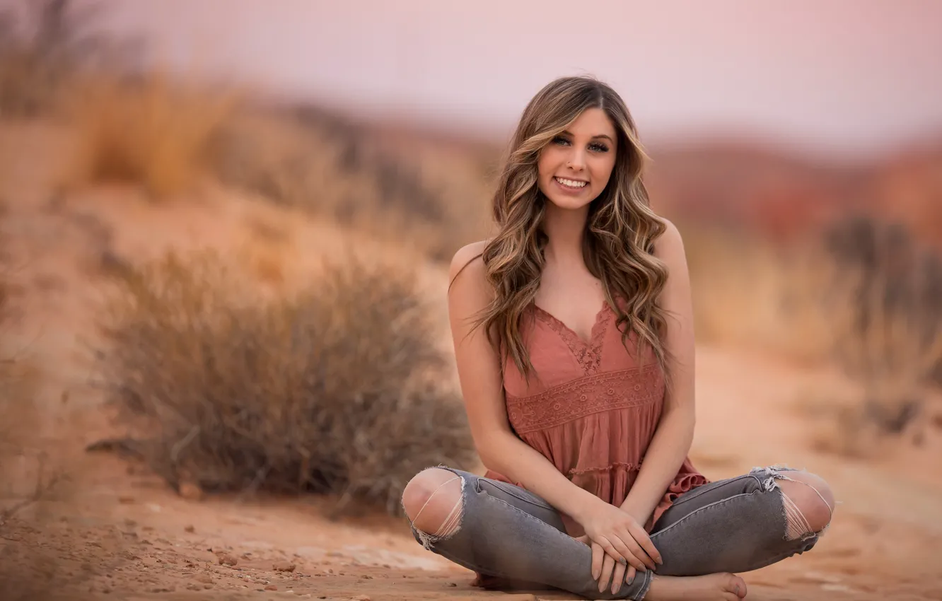 Photo wallpaper look, girl, pose, smile, mood, long hair, bokeh, ripped jeans