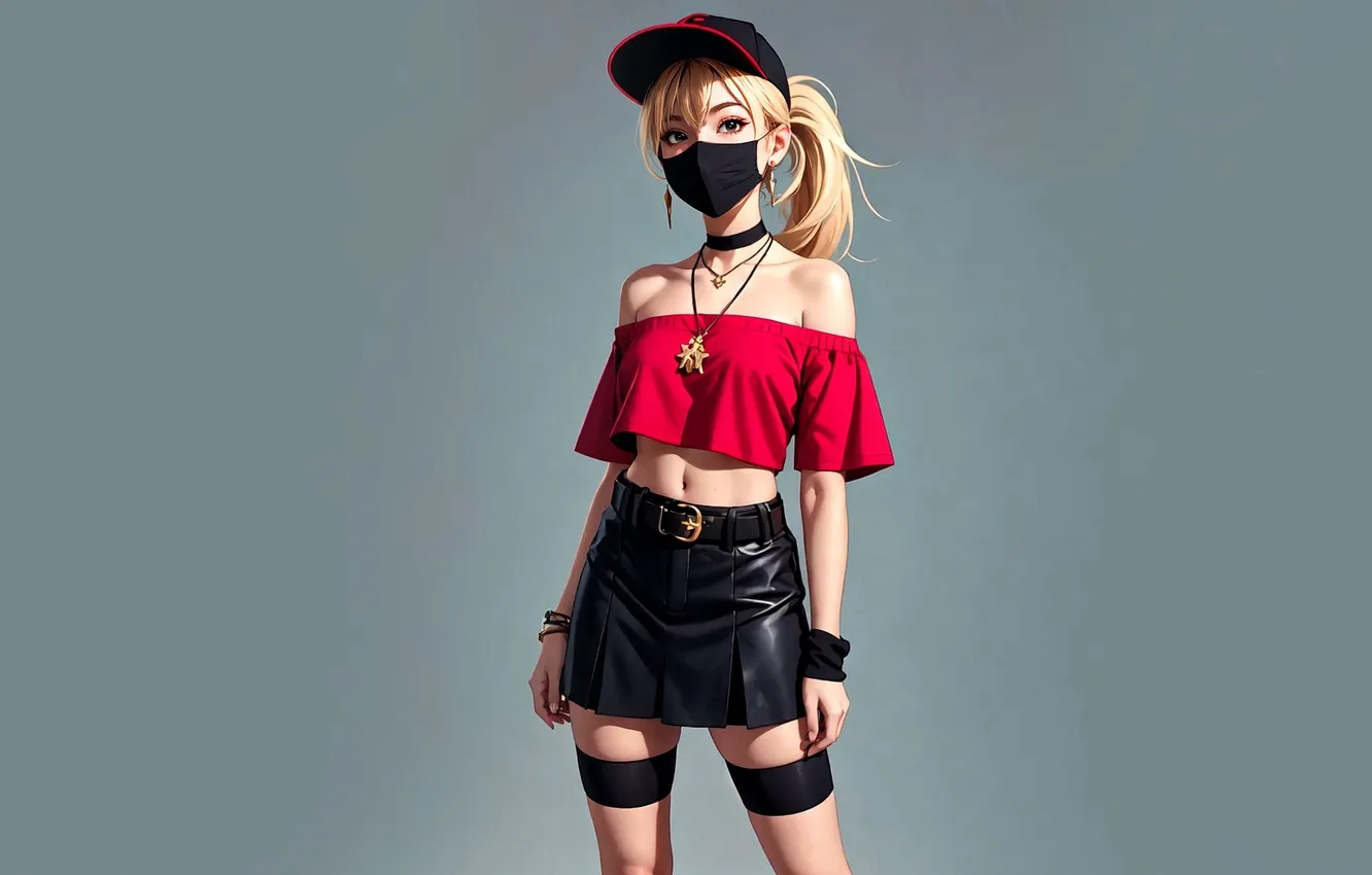 Photo wallpaper girl, woman, young, mask, skirt, Cap, AI Art